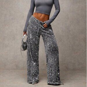 Silver Sequin Drawstring Wide Leg Pants